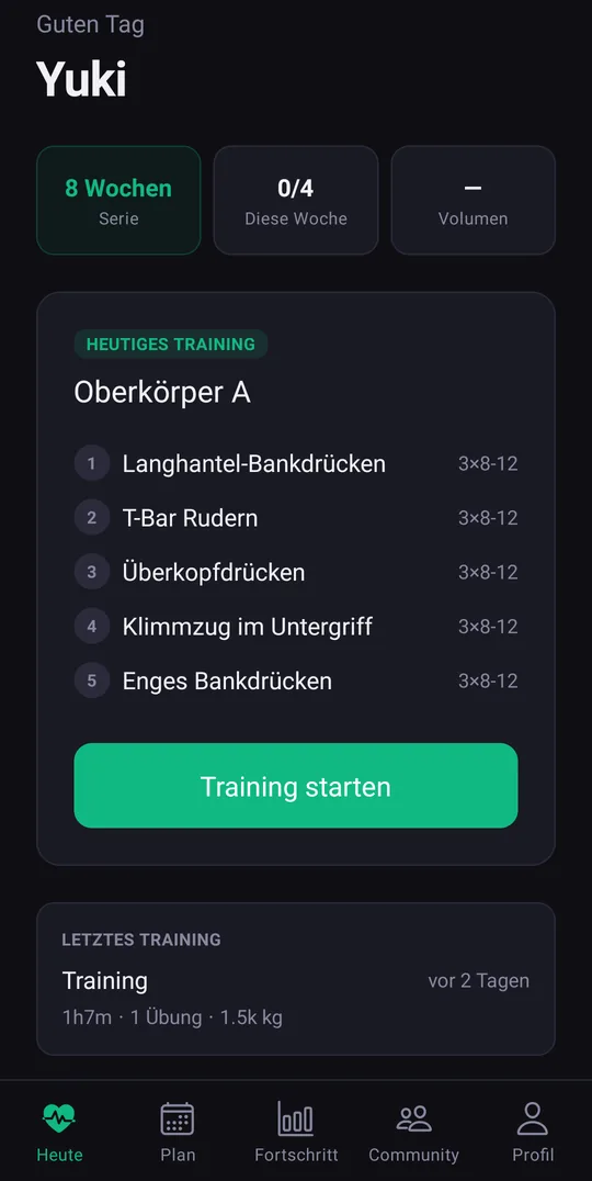 Startseite der App mit Wochen-Serie und heutigem Training