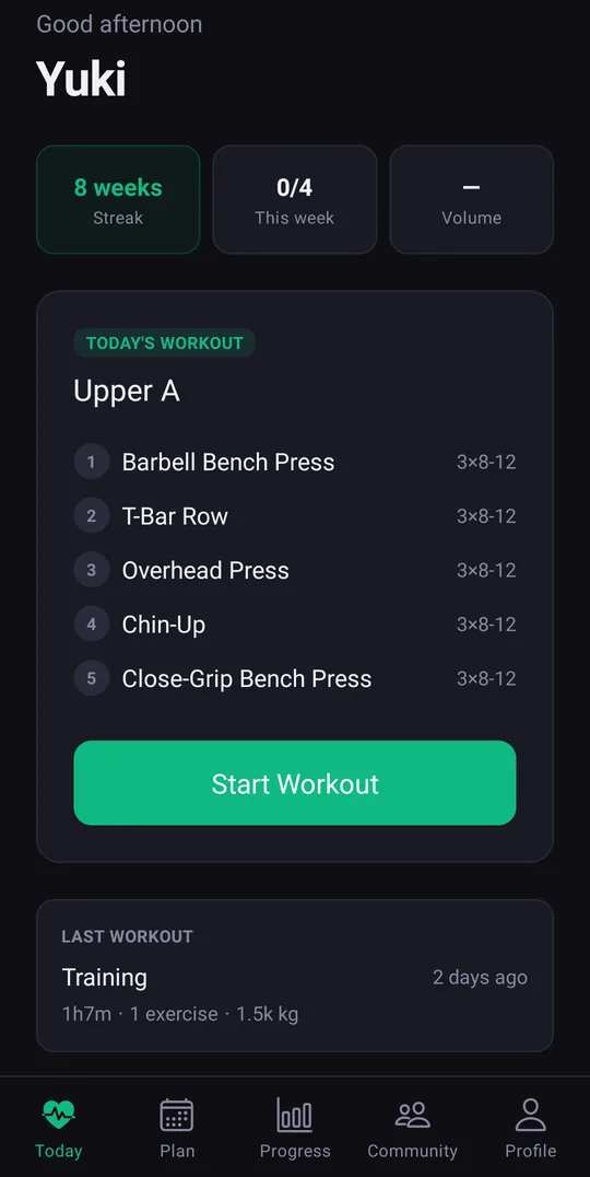 App home screen with week streak and today's workout